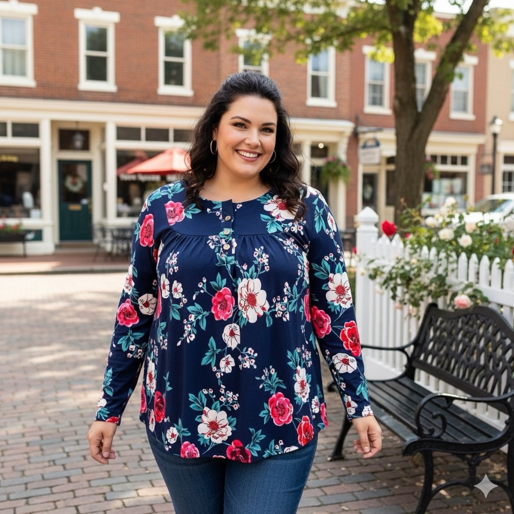 Suzanne Betro Navy Floral Blouse with Pink and White Accents 🌺